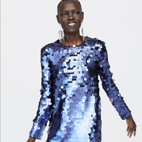 Zara limited edition blue sequin knit mini dress - Picture 8 of 16